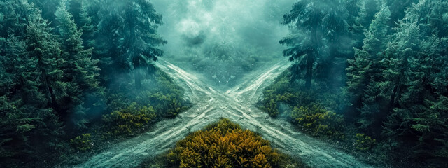 crossroads with four different paths stretching out in different directions, choice and a potential journey, set against a muted background, signifying decision-making and diverse possibilities - obrazy, fototapety, plakaty