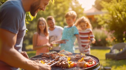 a photo of a family and friends having a picnic barbeque grill in the garden. having fun eating and enjoying time. sunny day in the summer. blur background - obrazy, fototapety, plakaty