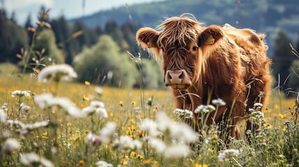 Generative AI : beautiful happy cow in a meadow with flowers