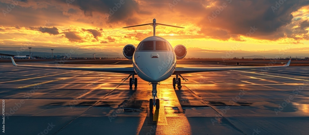 Sticker Jet parked on runway at sunset with sunny view from back.