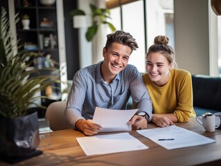 Obraz premium Generative AI : Young teen and adult sitting looking at documents together at a modern home office