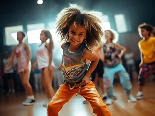 Glasschilderij Dansschool Generative AI : dance children hip hop on the stage happiness european race