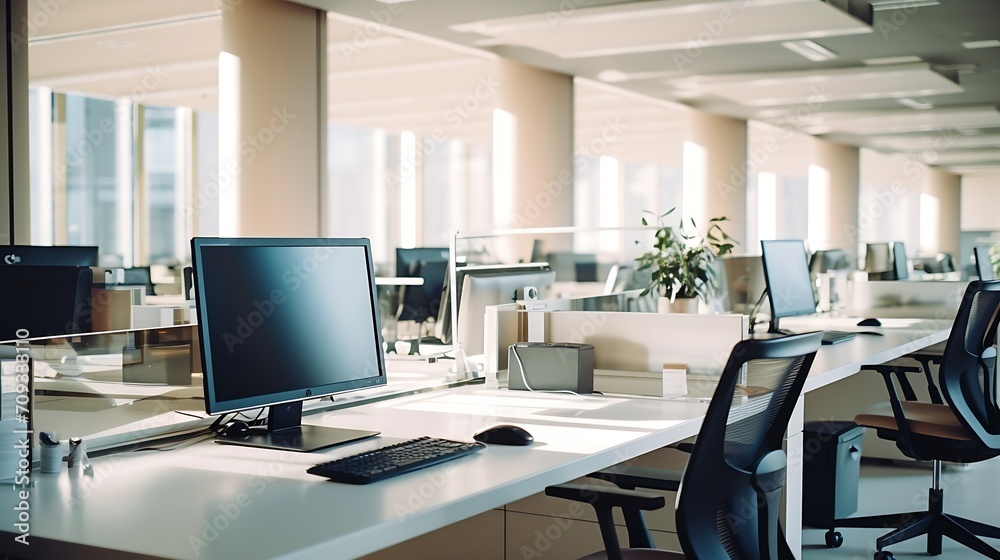 Aufkleber generative ai : modern office space with tables and chairs, computers and office supplies with no em