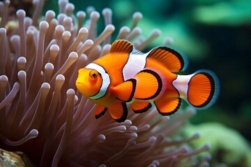 Generative AI : A pair of adorable orange clownfish or clown anemonefish - obrazy, fototapety, plakaty