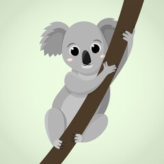 Cute cartoon baby koala climbing a tree. Adorable animal character flat vector illustration.
