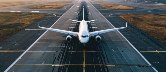 White plane during runway line up span. - obrazy, fototapety, plakaty