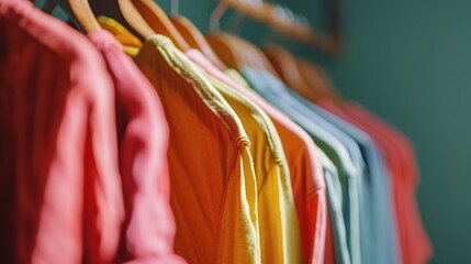 Generative AI : Hangers with colorful clothes hanging on rack near color wall