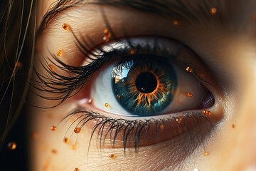 Close-up of a beautiful female eye with amber drops. Generated by artificial intelligence