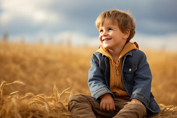Naklejka na ściany i meble farmer child in a field of wheat