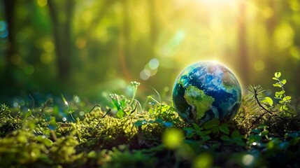 Obraz na płótnie Canvas world globe planet earth background banner sustainable environment ecology nature regeneration eco friendly green energy care for nature esg concept
