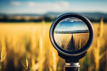 a hunting scope overlooking a field of wheat - obrazy, fototapety, plakaty