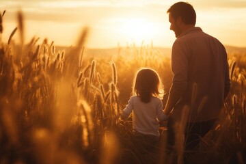 parent and child at sunset in a wheat field - obrazy, fototapety, plakaty