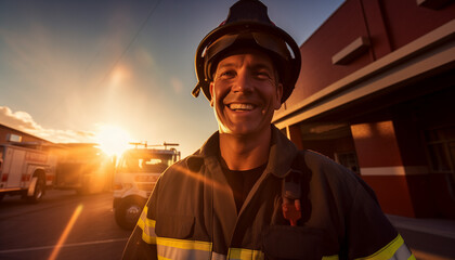 A smiling firefighter standing outside his fire station on a sunny day - obrazy, fototapety, plakaty