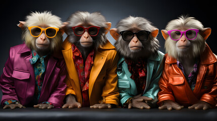 Ape in a group, vibrant bright fashionable outfits isolated on solid background advertisement, copy...