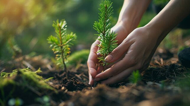 forest conifer plant growth forest ecosystem forestry industry management reforestation environmental rehabilitation concept nature regeneration, hands planting pine tree