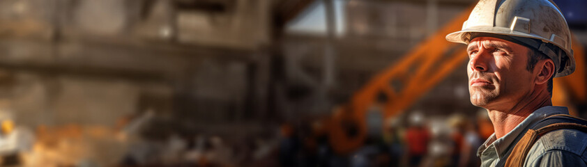 Generative AI image of Close up Portrait of a man on a busy construction site, overseeing operations with a hard hat and blueprint, signifying the leadership of a site manager - obrazy, fototapety, plakaty