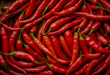 Red hot chilli peppers pattern texture background. Close up. Landscape. A backdrop ofRed hot chilli peppers. Street vegetable market. Group of Red hot chilli peppers