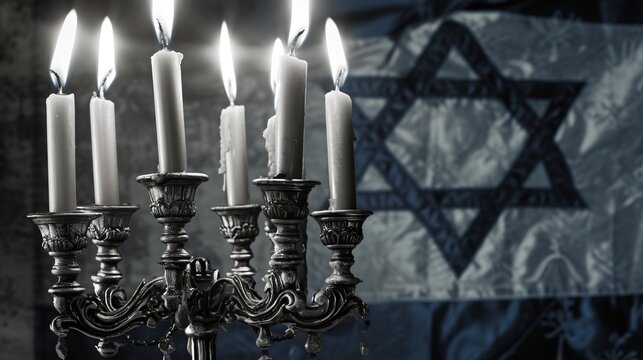 Generative AI image of candles on the Israeli flag background