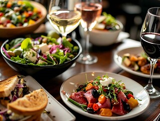 Generative AI : table topped with plates of food and glasses of wine next to a bowl of salad and a glass