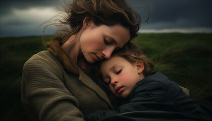 Fototapeta premium A tender portrait of a contemplative child being hugged by his mother