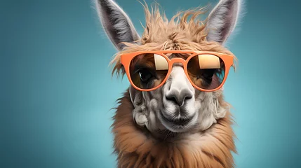 Foto op Canvas Creative animal concept. Llama in sunglass shade glasses on solid pastel background, commercial, advertisement © Clipart Collectors