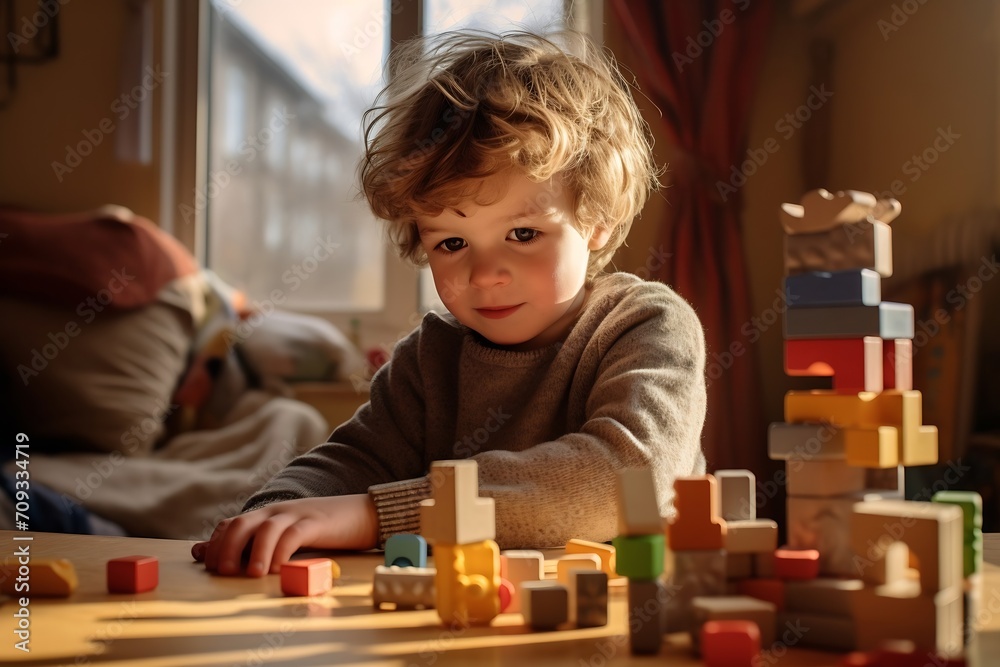 Poster generative ai : young kid playing with blocks at home.