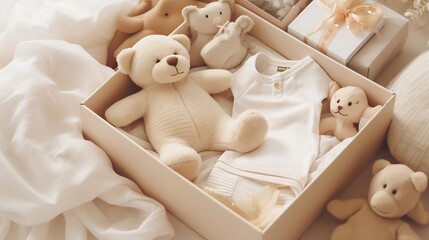 Generative AI : Box with baby stuff and accessories for newborn on bed.