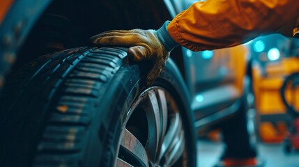 tire changing tyre repair car service shop background banner with copy space, close-up of auto mechanic hand on tire in automobile fixing garage - obrazy, fototapety, plakaty