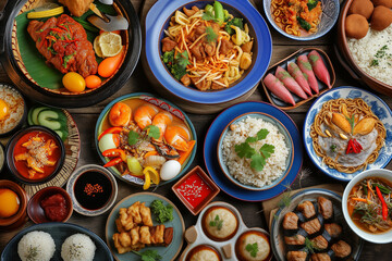 A collage-style image featuring a variety of international cuisines, showcasing the diversity of flavors and cultural influences