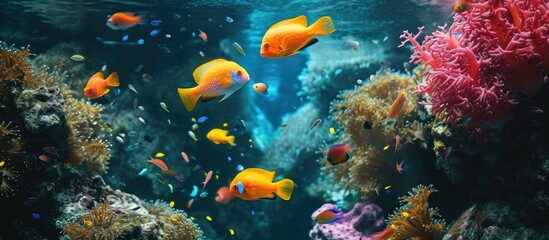 Naklejka na ściany i meble Vibrant fish in a thriving reef system.