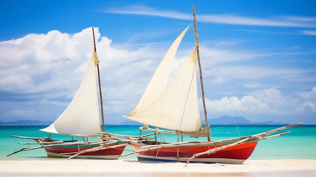 Generative AI : Boracay boats on the White beach. The overall color scheme is soft and bright champagne