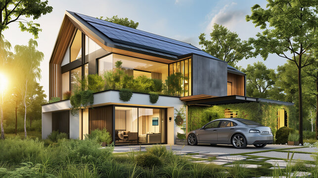 A composite image featuring a modern eco-friendly home with solar panels, a lush garden, and an electric car in the driveway, promoting sustainable living
