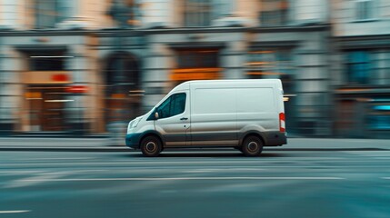 white delivery van side view on blur city street background, moving minivan in urgent fast motion, concept of logistics, food merchandise commercial delivery or post service, banner with copy space - obrazy, fototapety, plakaty