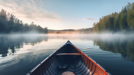 Bow of a canoe in the morning on a misty lake generated AI - obrazy, fototapety, plakaty