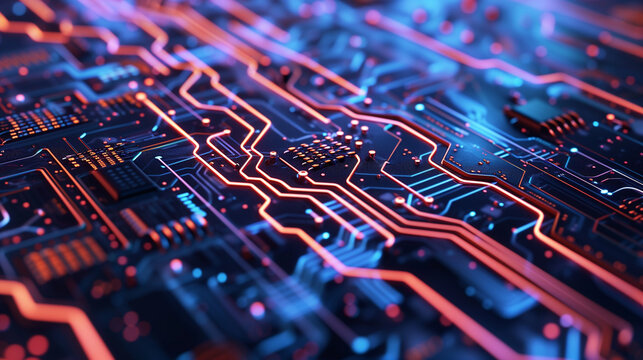 A close-up image of electronic circuits or digital components, creating an abstract and futuristic technological pattern