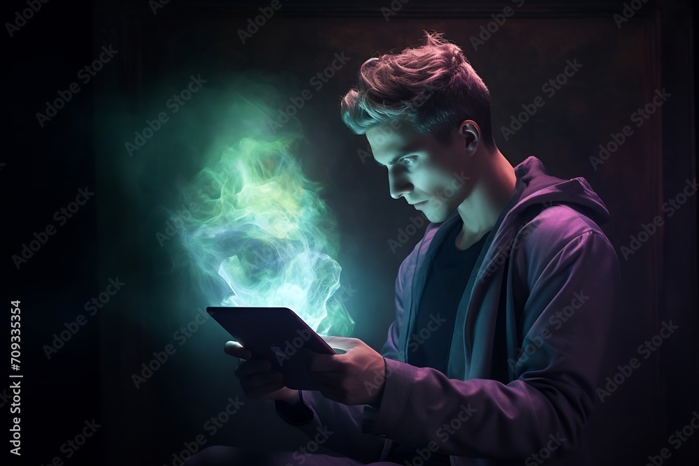 Poster generative ai : a man using a tablet, hyperfocused, aura from head