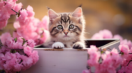 Cute Siberian kitten sitting in wooden box with pink flowers. Cat with spring flowers in pink box. Curious kitten peeking out of the box on the blurred background of spring nature. 8th March