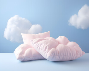 Light, fluffy pastel pink cloud-shaped pillows, comfortable sleeping and dreaming concept.