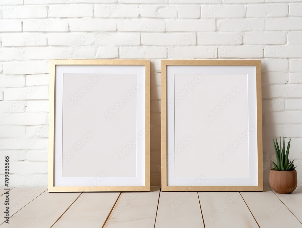 Poster Generative AI : mock up photo of two 16x20 gold picture frames on a wooden table