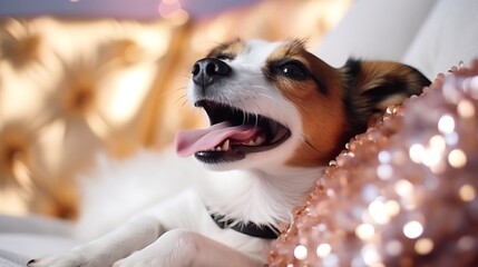 Generative AI : The Jack Russell Terrier dog sitting on a white luxurious sofa