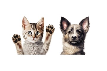 Generative AI : Cute dogs and cats together hanging paws isolated_