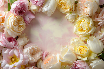 A mix of pastel roses and tulips. The center is a blank, pastel-colored space, ideal for adding greetings