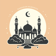 Silhouette of a mosque in the clouds with "Ramadan Kareem" in Arabic calligraphy
