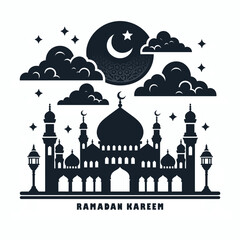 Silhouette of a mosque in the clouds with "Ramadan Mubarok" in Arabic calligraphy