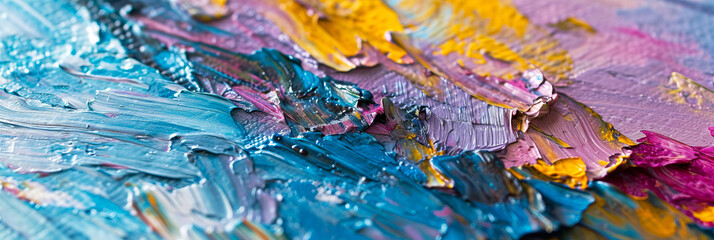 Abstract painting of blue, pink, purple and yellow, in the style of palette knife impressionism, close-up, rococo pastel colors,  mimicking ruined materials, photorealistic pastiche