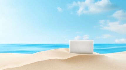 Fototapeta na wymiar Generative AI : White Sand with White 3D podium put on sand dune againt blurry blue ocean 