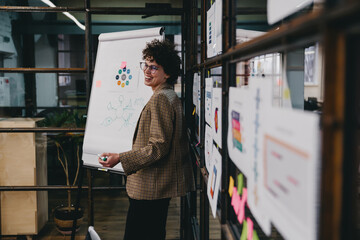 Cheerful woman making presentation in modern office