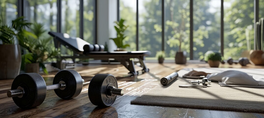Generative AI image of a home fitness equipment banner with workout visuals. Include copy space for...
