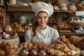 European businesswoman as a pastry chef, with a variety of baked goods and kitchen tools, isolated on a bakery background