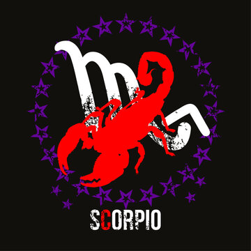 T-shirt design of the Scorpio symbol surrounded by stars and the silhouette of a red scorpion on a black background.